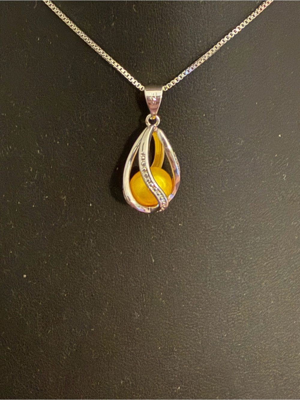 Sterling pearl Pendant Necklace with Yellow Orb and Crystal Accents